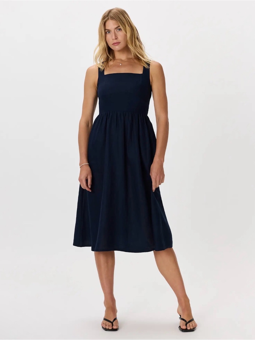 Quince Linen Fit & Flare Navy Midi Dress